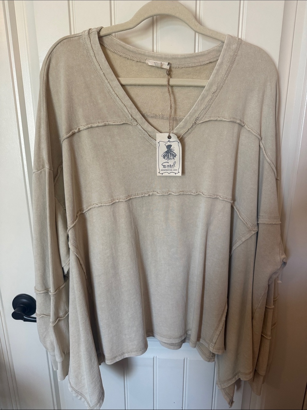 easel Oversized Washed V-Neck Top in Beige
